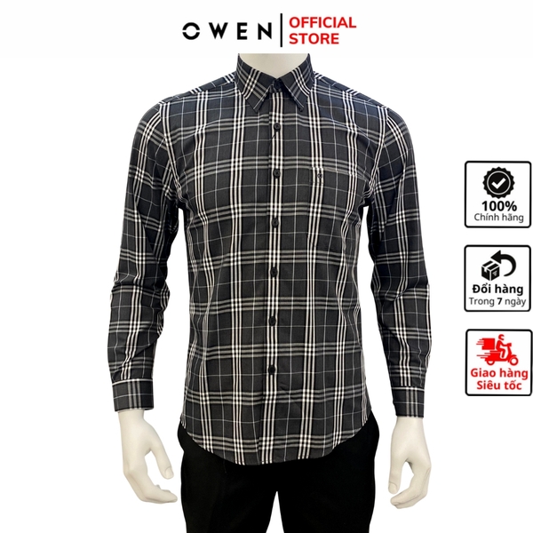 Áo Sơ Mi Nam Tay Dài Owen AR230253DT màu kẻ caro lớn xám đen dáng regular fit tà lượn có túi vải bạc hà