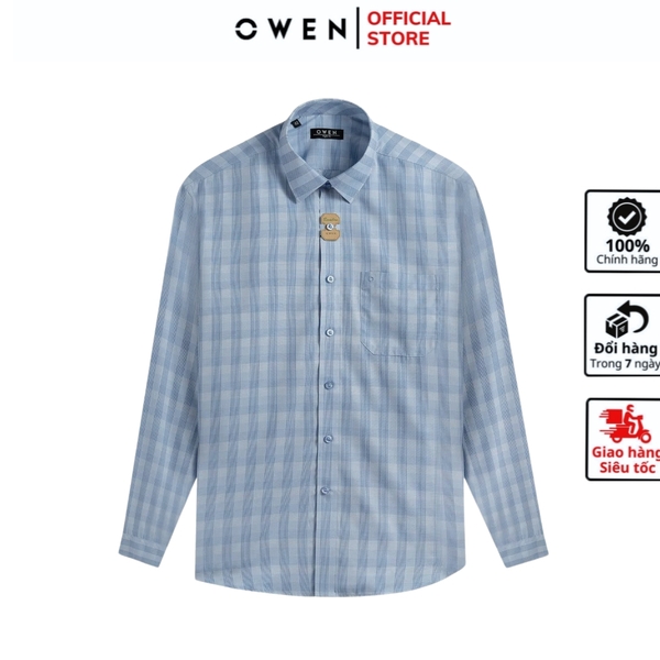 Áo sơ mi nam tay dài Owen AR250358DT màu xanh dương caro vừa dáng suông regular fit tà lượn có túi chất liệu bamboo poly