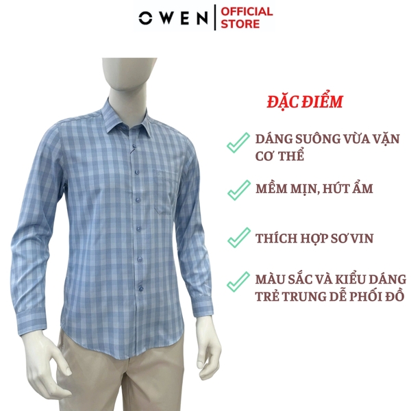 Áo sơ mi nam tay dài Owen AR250358DT màu xanh dương caro vừa dáng suông regular fit tà lượn có túi chất liệu bamboo poly