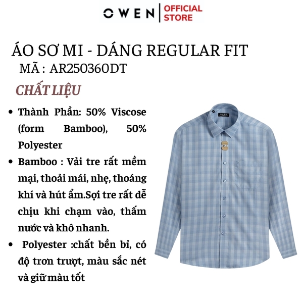 Áo sơ mi nam tay dài Owen AR250358DT màu xanh dương caro vừa dáng suông regular fit tà lượn có túi chất liệu bamboo poly