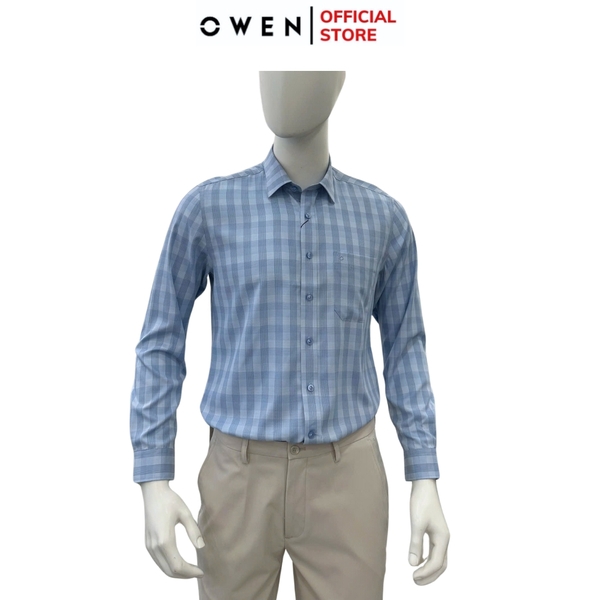Áo sơ mi nam tay dài Owen AR250358DT màu xanh dương caro vừa dáng suông regular fit tà lượn có túi chất liệu bamboo poly