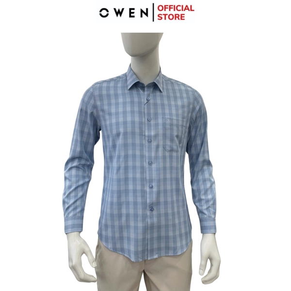 Áo sơ mi nam tay dài Owen AR250358DT màu xanh dương caro vừa dáng suông regular fit tà lượn có túi chất liệu bamboo poly