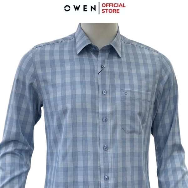 Áo sơ mi nam tay dài Owen AR250358DT màu xanh dương caro vừa dáng suông regular fit tà lượn có túi chất liệu bamboo poly