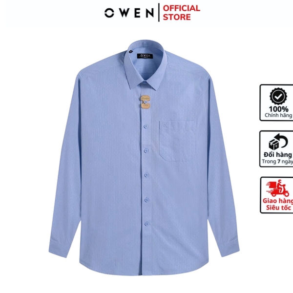 Áo sơ mi nam tay dài Owen AR250360DT màu xanh kẻ dọc dáng suông regular fit tà lượn có túi chất liệu bamboo poly