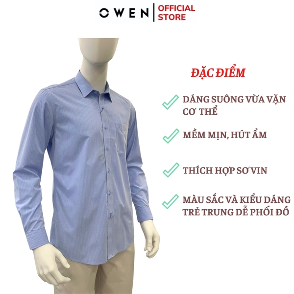 Áo sơ mi nam tay dài Owen AR250360DT màu xanh kẻ dọc dáng suông regular fit tà lượn có túi chất liệu bamboo poly