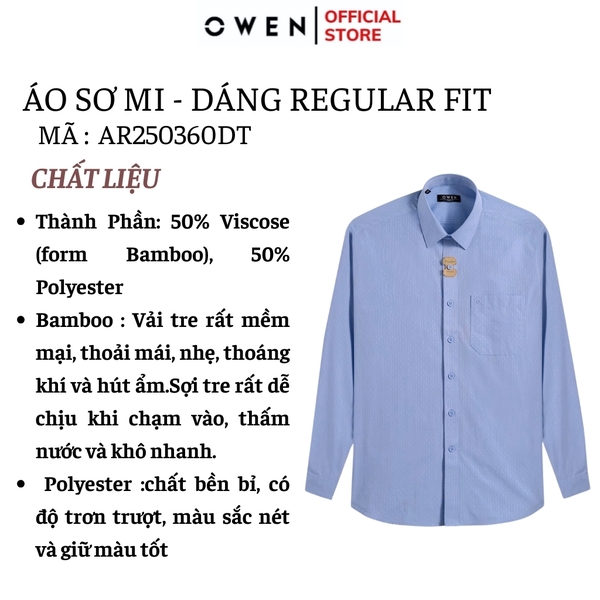 Áo sơ mi nam tay dài Owen AR250360DT màu xanh kẻ dọc dáng suông regular fit tà lượn có túi chất liệu bamboo poly