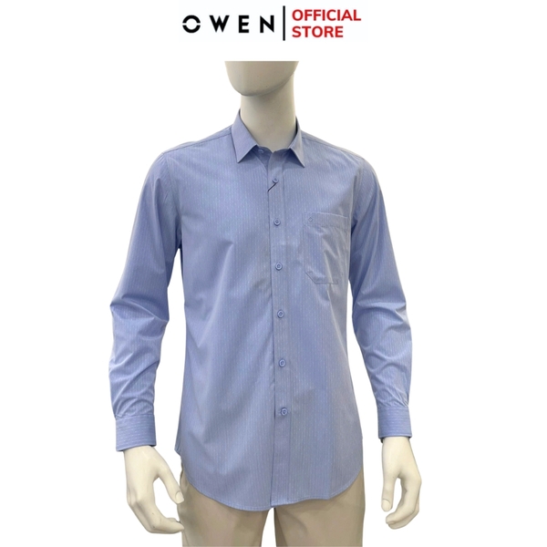 Áo sơ mi nam tay dài Owen AR250360DT màu xanh kẻ dọc dáng suông regular fit tà lượn có túi chất liệu bamboo poly