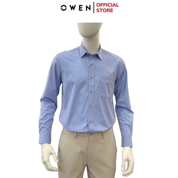 Áo sơ mi nam tay dài Owen AR250360DT màu xanh kẻ dọc dáng suông regular fit tà lượn có túi chất liệu bamboo poly