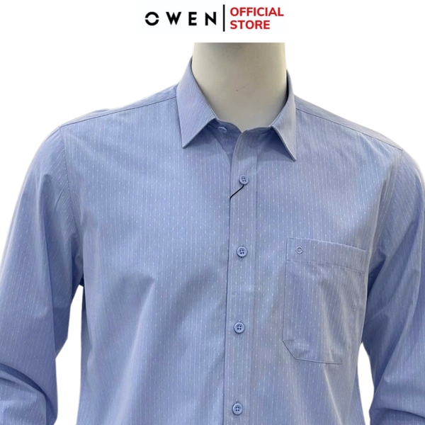 Áo sơ mi nam tay dài Owen AR250360DT màu xanh kẻ dọc dáng suông regular fit tà lượn có túi chất liệu bamboo poly