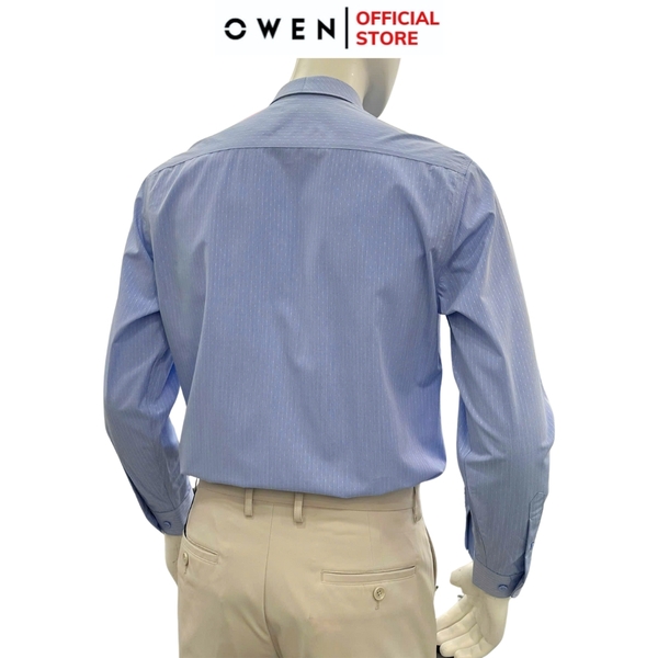 Áo sơ mi nam tay dài Owen AR250360DT màu xanh kẻ dọc dáng suông regular fit tà lượn có túi chất liệu bamboo poly