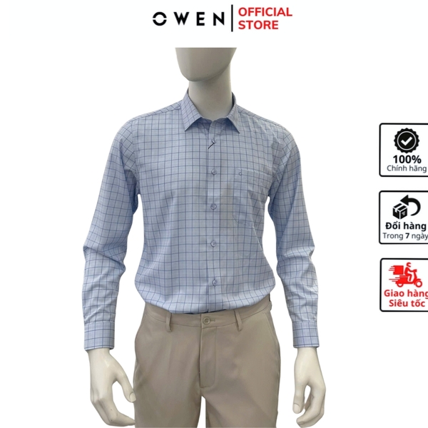 Áo sơ mi nam tay dài Owen AR255017DT màu xanh kẻ caro dáng suông regular fit tà lượn có túi chất liệu bamboo poly
