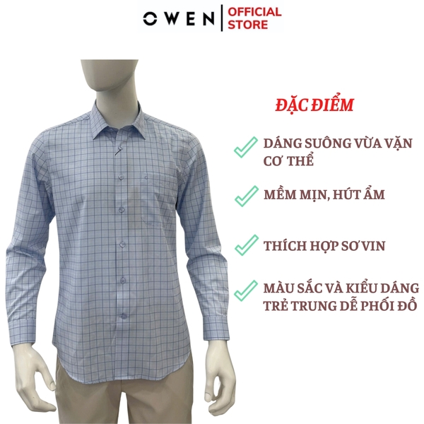 Áo sơ mi nam tay dài Owen AR255017DT màu xanh kẻ caro dáng suông regular fit tà lượn có túi chất liệu bamboo poly