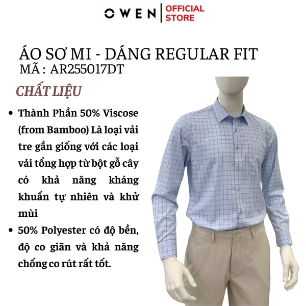 Áo sơ mi nam tay dài Owen AR255017DT màu xanh kẻ caro dáng suông regular fit tà lượn có túi chất liệu bamboo poly