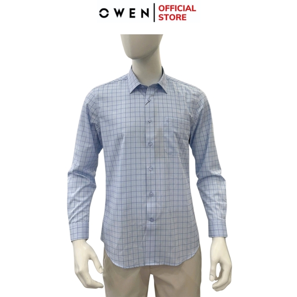 Áo sơ mi nam tay dài Owen AR255017DT màu xanh kẻ caro dáng suông regular fit tà lượn có túi chất liệu bamboo poly