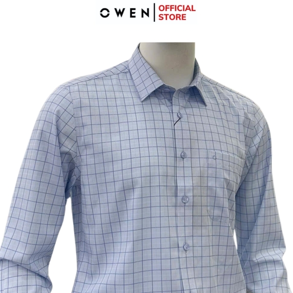 Áo sơ mi nam tay dài Owen AR255017DT màu xanh kẻ caro dáng suông regular fit tà lượn có túi chất liệu bamboo poly