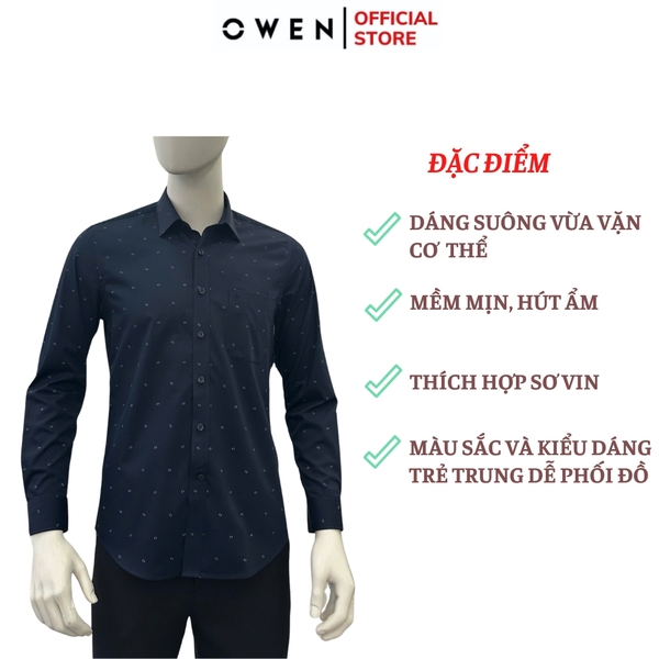 Áo sơ mi nam tay dài Owen AR255018DT màu xanh tím than dáng suông regular fit tà lượn có túi chất liệu bamboo poly