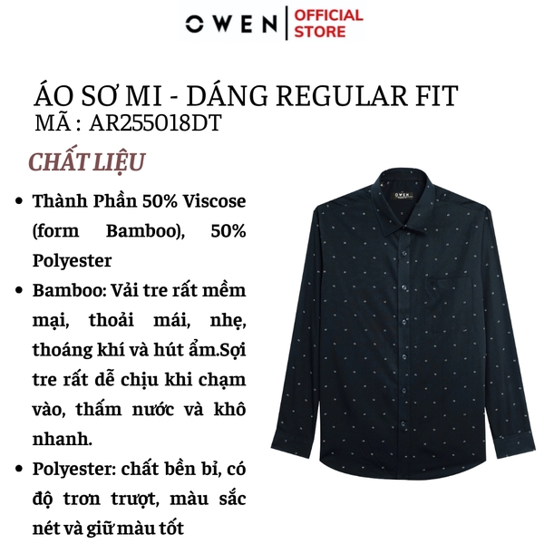 Áo sơ mi nam tay dài Owen AR255018DT màu xanh tím than dáng suông regular fit tà lượn có túi chất liệu bamboo poly