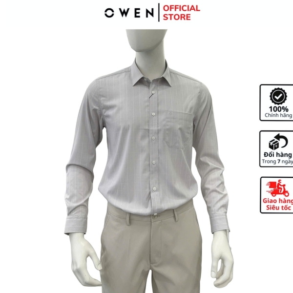 Áo sơ mi nam tay dài Owen AR255026DT màu xám nhạt kẻ sọc dáng suông regular fit tà lượn có túi chất liệu bamboo spandex