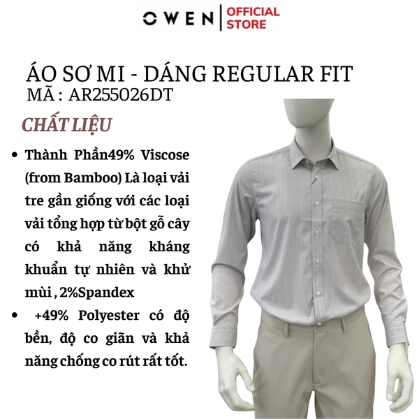 Áo sơ mi nam tay dài Owen AR255026DT màu xám nhạt kẻ sọc dáng suông regular fit tà lượn có túi chất liệu bamboo spandex