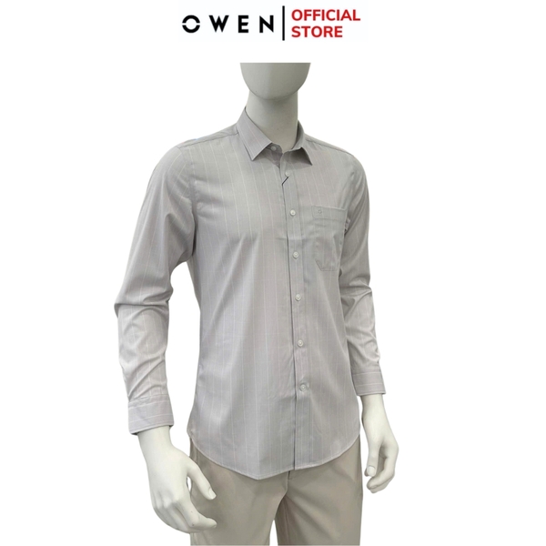 Áo sơ mi nam tay dài Owen AR255026DT màu xám nhạt kẻ sọc dáng suông regular fit tà lượn có túi chất liệu bamboo spandex