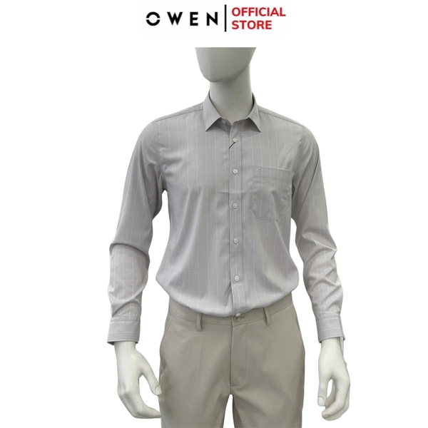 Áo sơ mi nam tay dài Owen AR255026DT màu xám nhạt kẻ sọc dáng suông regular fit tà lượn có túi chất liệu bamboo spandex