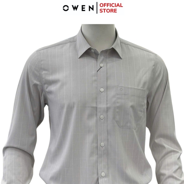 Áo sơ mi nam tay dài Owen AR255026DT màu xám nhạt kẻ sọc dáng suông regular fit tà lượn có túi chất liệu bamboo spandex
