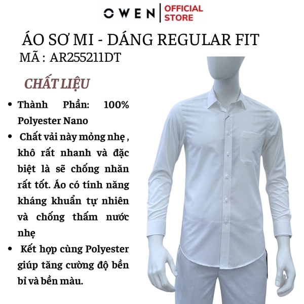 Áo sơ mi trắng nam tay dài Owen AR255211DT màu trắng trơn dáng suông regular fit tà lượn có túi chất liệu nano