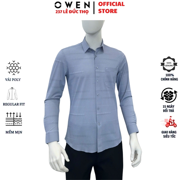 Áo sơ mi nam tay dài Owen AR256046DT màu xanh đậm kẻ caro dáng suông regular fit tà lượn có túi chất liệu Nylon Spandex