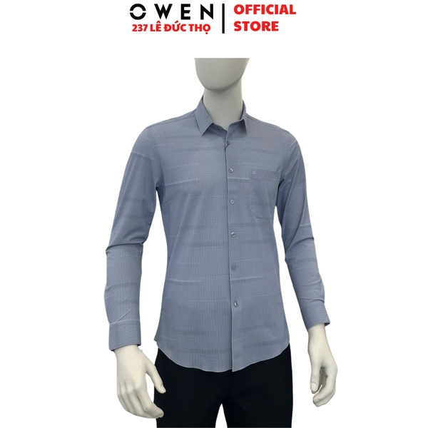 Áo sơ mi nam tay dài Owen AR256046DT màu xanh đậm kẻ caro dáng suông regular fit tà lượn có túi chất liệu Nylon Spandex