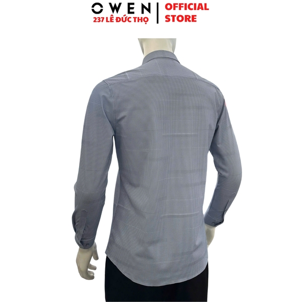Áo sơ mi nam tay dài Owen AR256046DT màu xanh đậm kẻ caro dáng suông regular fit tà lượn có túi chất liệu Nylon Spandex