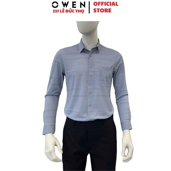 Áo sơ mi nam tay dài Owen AR256046DT màu xanh đậm kẻ caro dáng suông regular fit tà lượn có túi chất liệu Nylon Spandex
