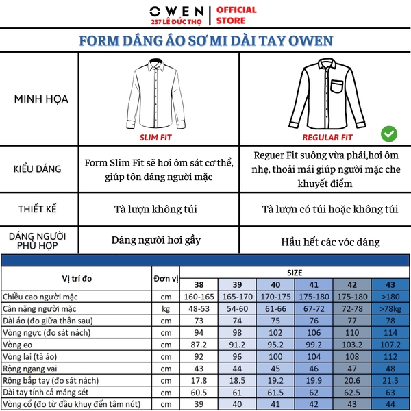 Áo sơ mi nam tay dài Owen AR256046DT màu xanh đậm kẻ caro dáng suông regular fit tà lượn có túi chất liệu Nylon Spandex