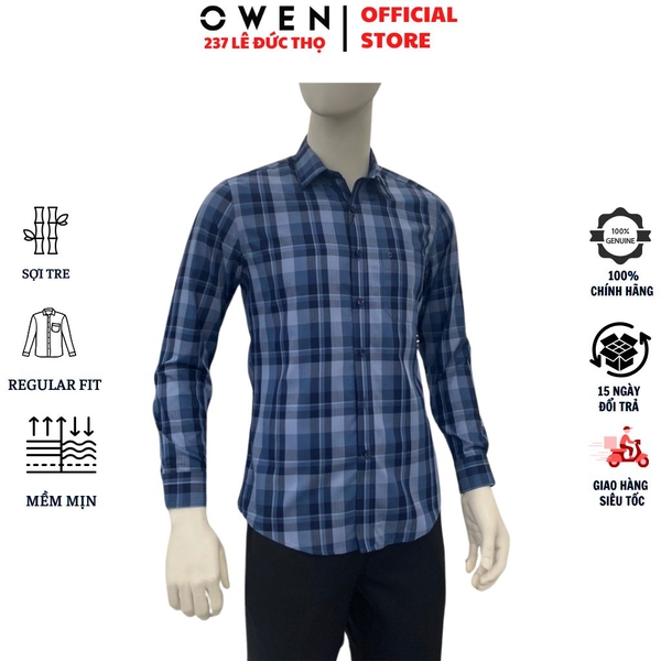 Áo Sơ Mi Nam Tay Dài Owen AR260648DT Xanh Đậm Regular Fit Có Túi chất liệu Bamboo polyester