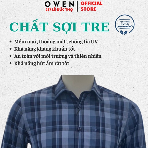 Áo Sơ Mi Nam Tay Dài Owen AR260648DT Xanh Đậm Regular Fit Có Túi chất liệu Bamboo polyester