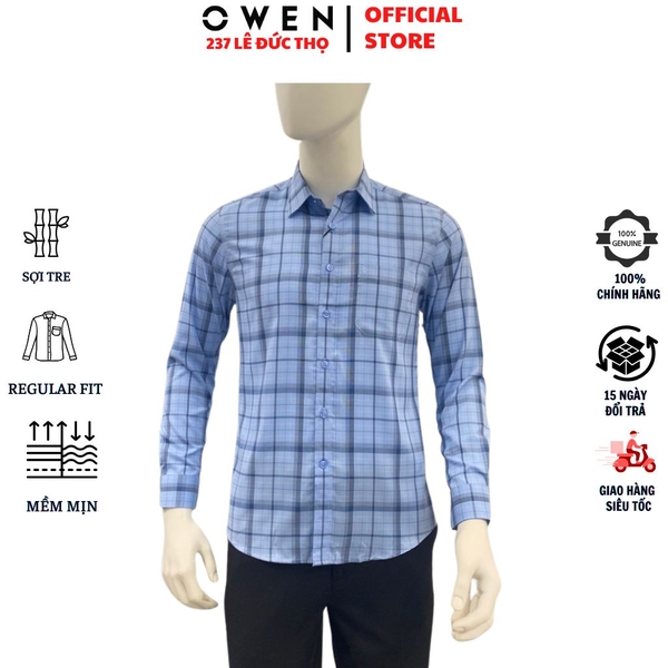 Áo Sơ Mi Nam Tay Dài Owen AR260653DT Xanh Regular Fit Có Túi chất liệu Bamboo polyester