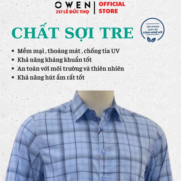 Áo Sơ Mi Nam Tay Dài Owen AR260653DT Xanh Regular Fit Có Túi chất liệu Bamboo polyester