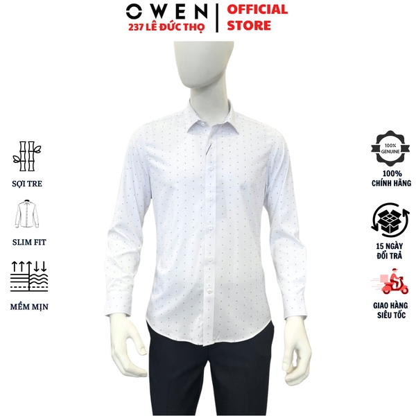Áo sơ mi nam tay dài Owen AS260040D màu trắng họa tiết dáng ôm slim fit tà lượn không túi chất liệu Bamboo polyester