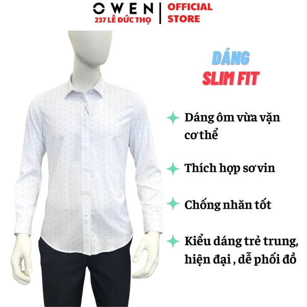 Áo sơ mi nam tay dài Owen AS260040D màu trắng họa tiết dáng ôm slim fit tà lượn không túi chất liệu Bamboo polyester
