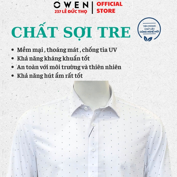 Áo sơ mi nam tay dài Owen AS260040D màu trắng họa tiết dáng ôm slim fit tà lượn không túi chất liệu Bamboo polyester