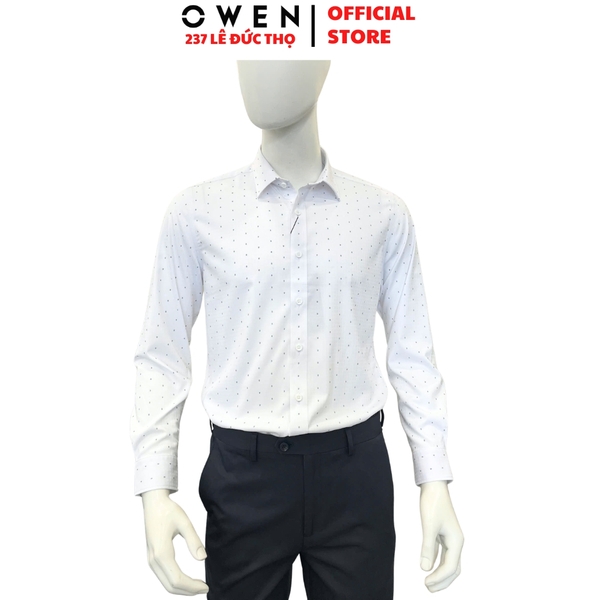 Áo sơ mi nam tay dài Owen AS260040D màu trắng họa tiết dáng ôm slim fit tà lượn không túi chất liệu Bamboo polyester