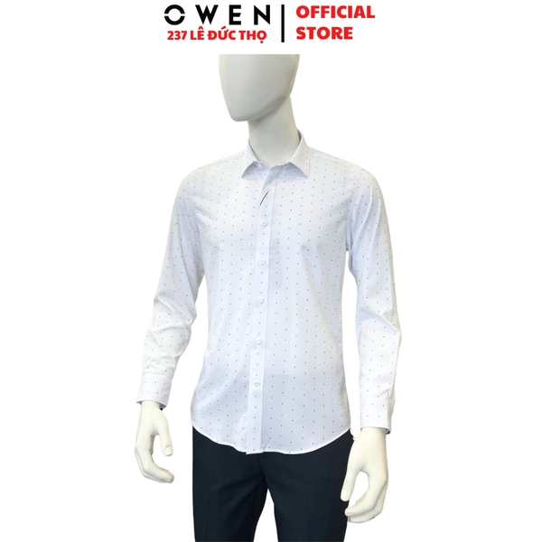 Áo sơ mi nam tay dài Owen AS260040D màu trắng họa tiết dáng ôm slim fit tà lượn không túi chất liệu Bamboo polyester