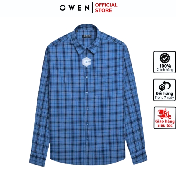 Áo Sơ Mi Nam Tay Dài Owen AJ240631DT màu xanh kẻ caro Dáng J - form suông rộng tà lượn có túi ngực chất liệu Café Charcoal dày dặn