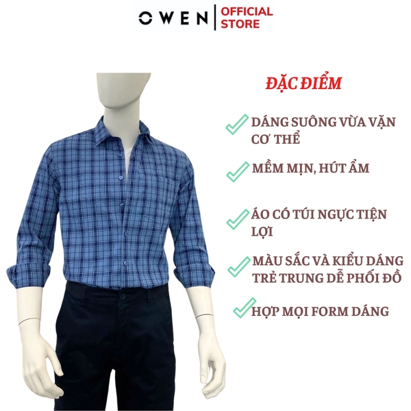 Áo Sơ Mi Nam Tay Dài Owen AJ240631DT màu xanh kẻ caro Dáng J - form suông rộng tà lượn có túi ngực chất liệu Café Charcoal dày dặn