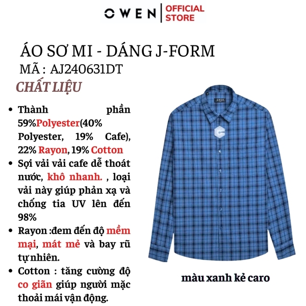 Áo Sơ Mi Nam Tay Dài Owen AJ240631DT màu xanh kẻ caro Dáng J - form suông rộng tà lượn có túi ngực chất liệu Café Charcoal dày dặn