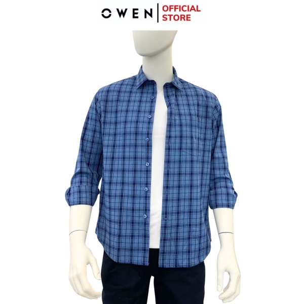 Áo Sơ Mi Nam Tay Dài Owen AJ240631DT màu xanh kẻ caro Dáng J - form suông rộng tà lượn có túi ngực chất liệu Café Charcoal dày dặn