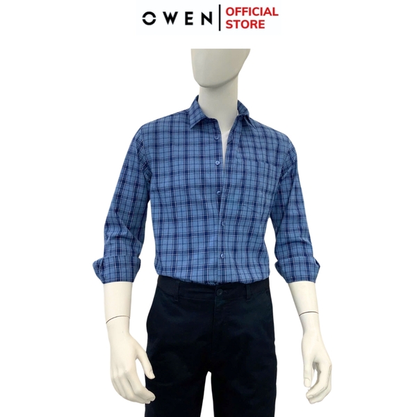 Áo Sơ Mi Nam Tay Dài Owen AJ240631DT màu xanh kẻ caro Dáng J - form suông rộng tà lượn có túi ngực chất liệu Café Charcoal dày dặn