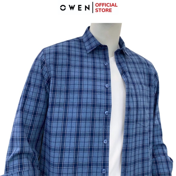 Áo Sơ Mi Nam Tay Dài Owen AJ240631DT màu xanh kẻ caro Dáng J - form suông rộng tà lượn có túi ngực chất liệu Café Charcoal dày dặn