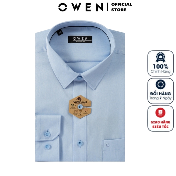 Áo Sơ Mi Nam Tay Dài Owen AR230602DT màu melange xanh nhạt dáng regular fit tà lượn có túi vải café