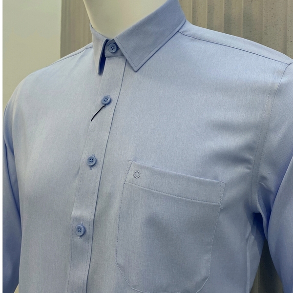 Áo Sơ Mi Nam Tay Dài Owen AR230602DT màu melange xanh nhạt dáng regular fit tà lượn có túi vải café