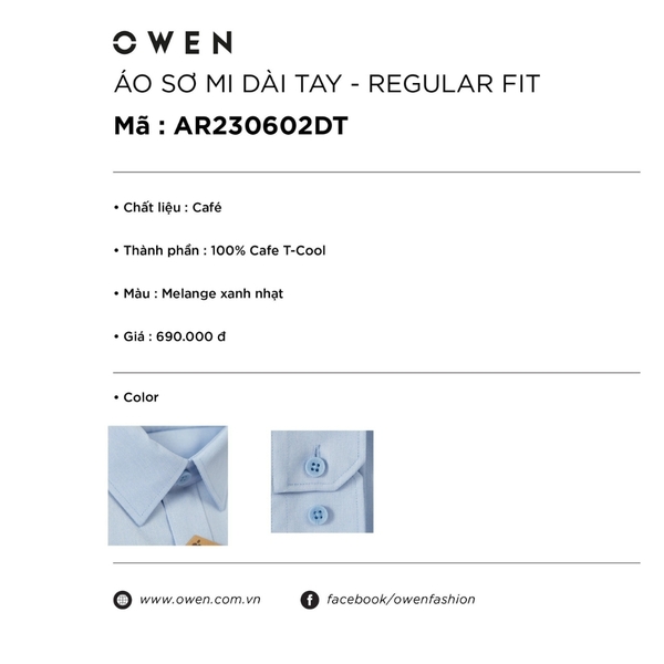 Áo Sơ Mi Nam Tay Dài Owen AR230602DT màu melange xanh nhạt dáng regular fit tà lượn có túi vải café